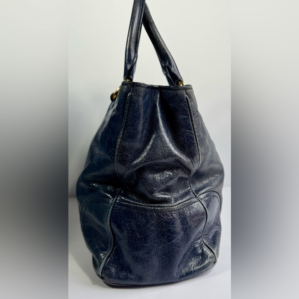 Miu Miu Vitello Lux Blue Leather Satchel Bag Distressed Finish Gold Hardware - Picture 6 of 13